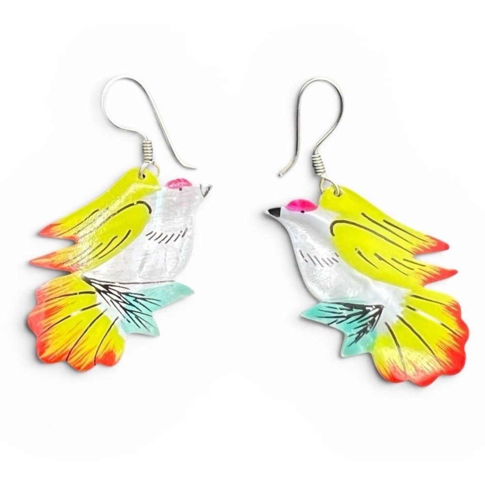 Vintage Carved Mother of Pearl Shell Bird Dangle Earrings Hand Painted Tropical